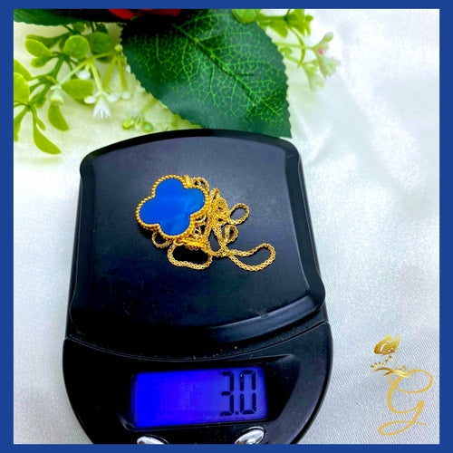 18K Real Gold Blue 20mm Cloverleaf Necklace 18”
