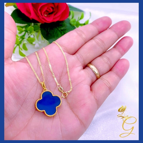 18K Real Gold Blue 20mm Cloverleaf Necklace 18”