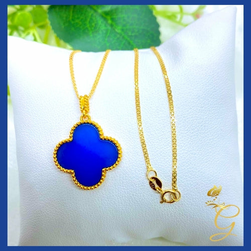 18K Real Gold Blue 20mm Cloverleaf Necklace 18”
